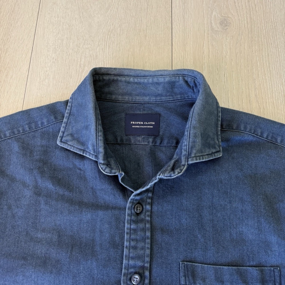 Proper Cloth Washed Italian Denim Button Up Shirt Men's Size L Large Herringbone
